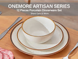 Load image into Gallery viewer, ONEMORE Ceramic Plate and Bowl Set 12pcs, 4-person cutlery set, scratch resistant, modern aesthetic cutlery set, creamy white