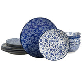 Load image into Gallery viewer, 12-piece set of blue printed tableware (6-style mixed set), suitable for family dinners - microwave-safe, dishwasher-safe, oven-safe, large-capacity kitchen bowl, scratch-resistant - vintage blue and white color scheme