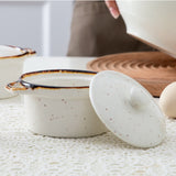 Load image into Gallery viewer, ONEMore 12 oz 4pcs covered ceramic stew pot with handle and brown edge,suitable for personal consumption, milky white